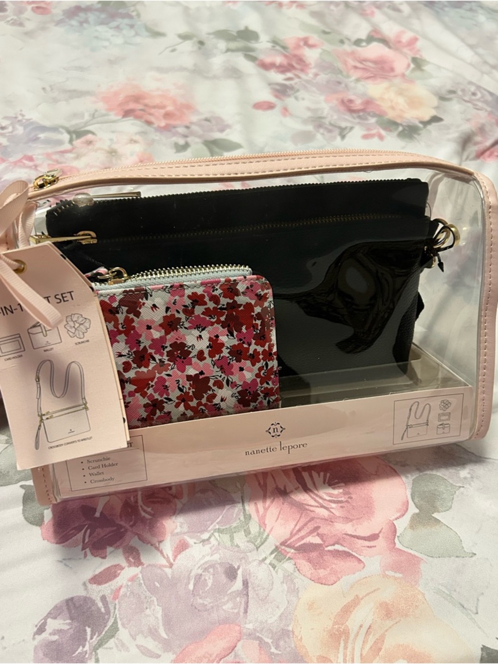 Nanette Lepore Clear Cosmetic Pouch Set with Pink Trim and Floral Insert
